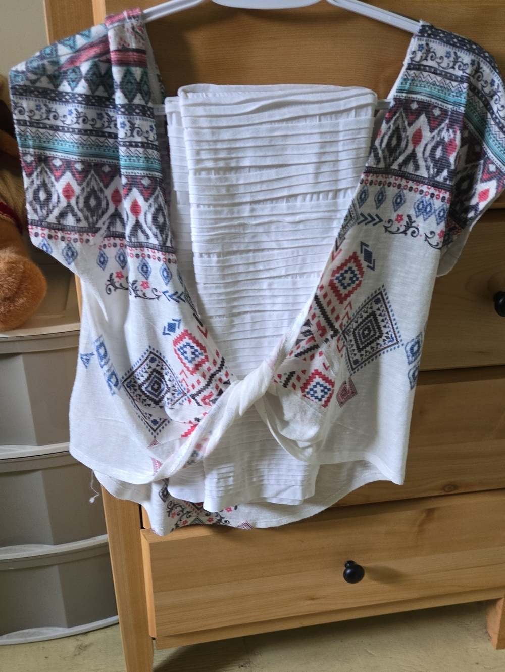 White Boho Open-Front Top with Multicolor Aztec Trim